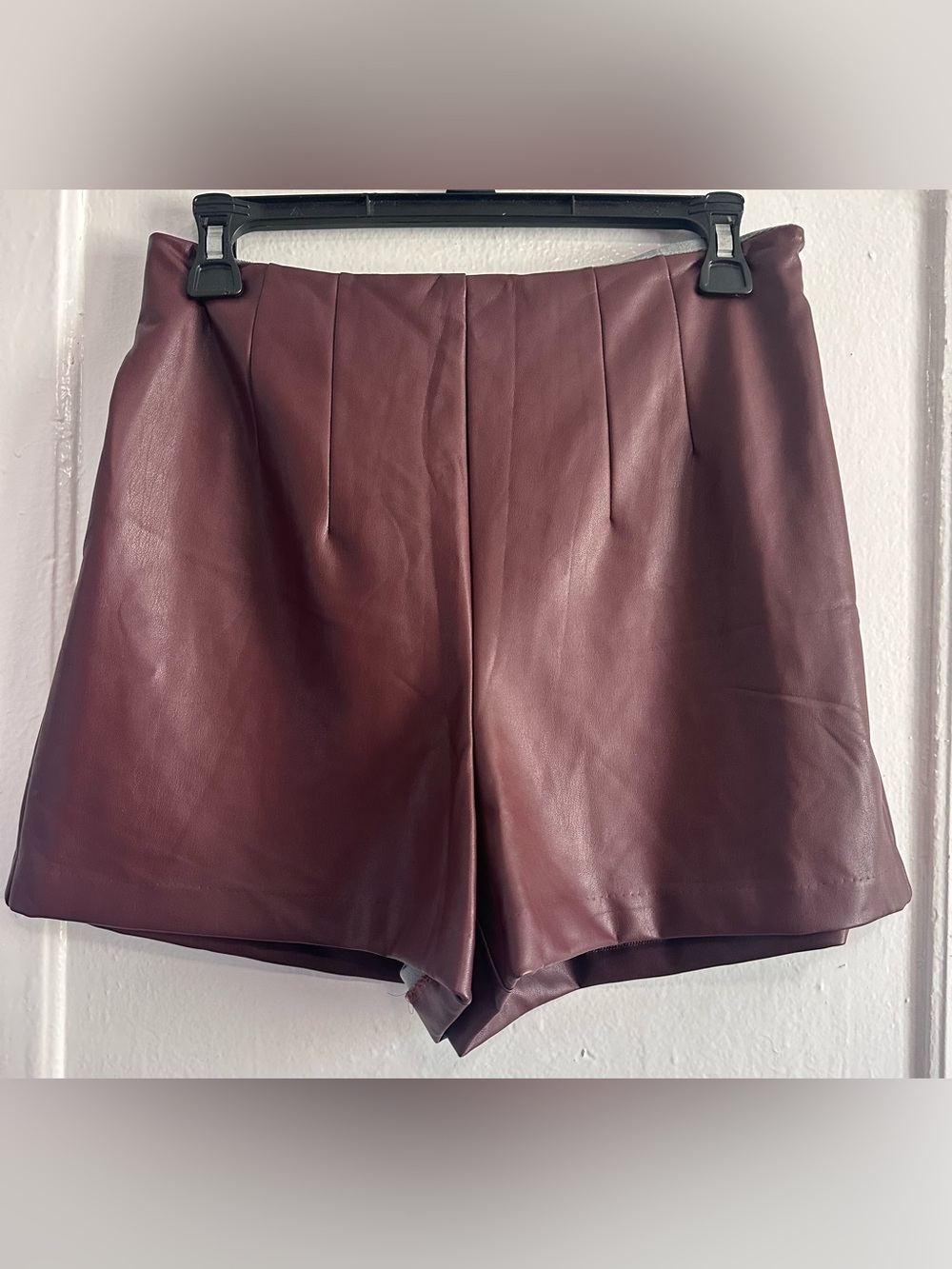 Express High Waist Faux Leather Shorts in Wine